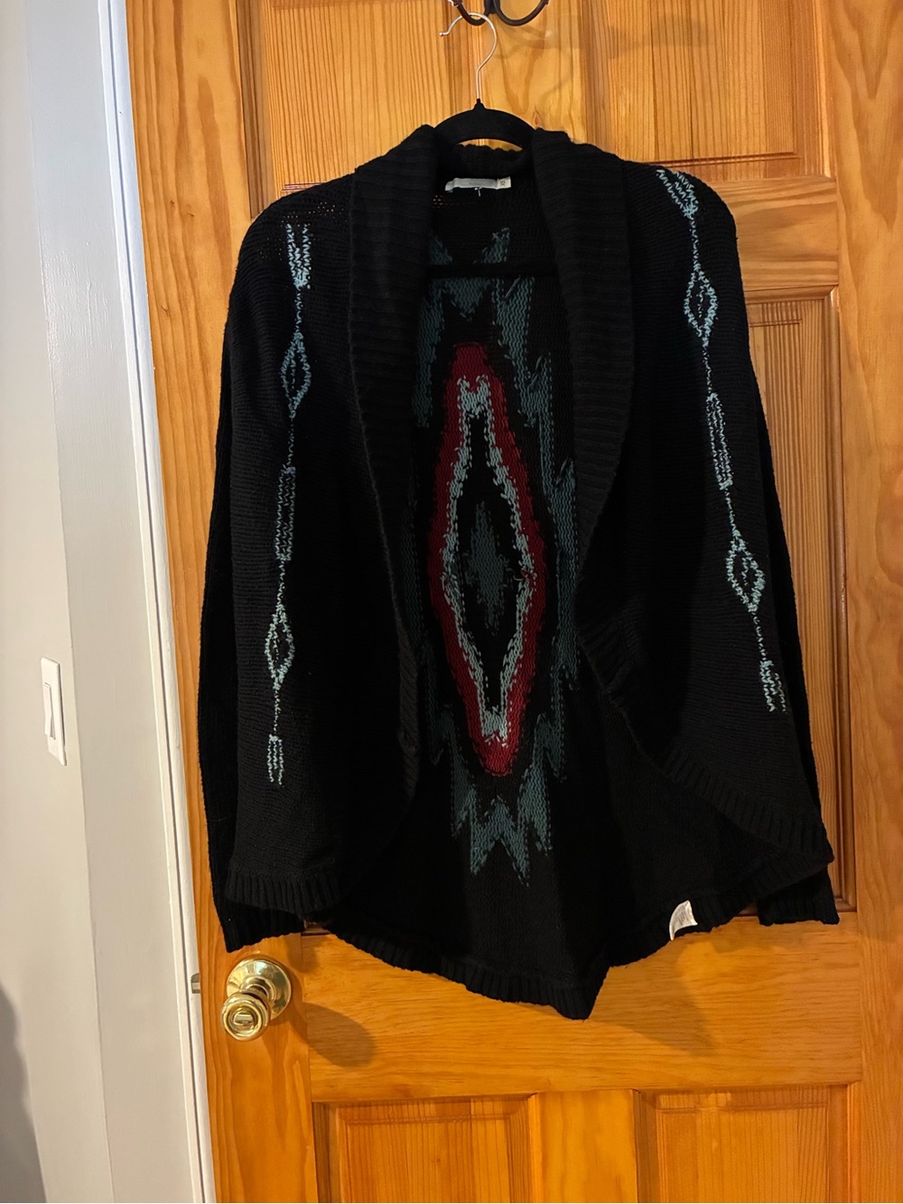 TOWNSEN Black Shawl Collar Cardigan with Teal and Red Southwestern Motif